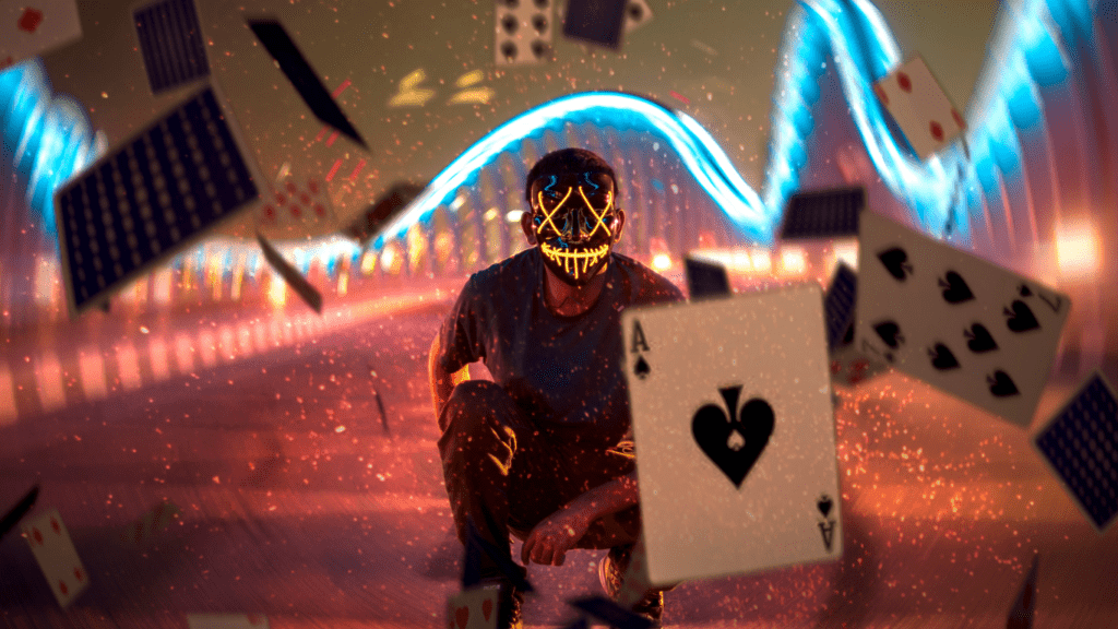 Man with mask and playing cards